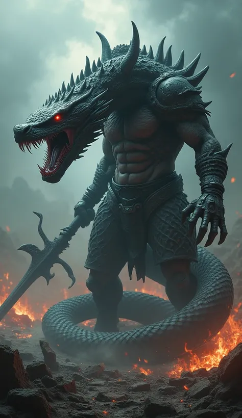 Here’s a detailed prompt you can use to generate such an image:

Prompt:
"A unique and terrifying hybrid creature combining an anaconda and a warrior, depicted as an angry, monstrous entity. The creatures body is a massive, coiled anaconda with intricate s...