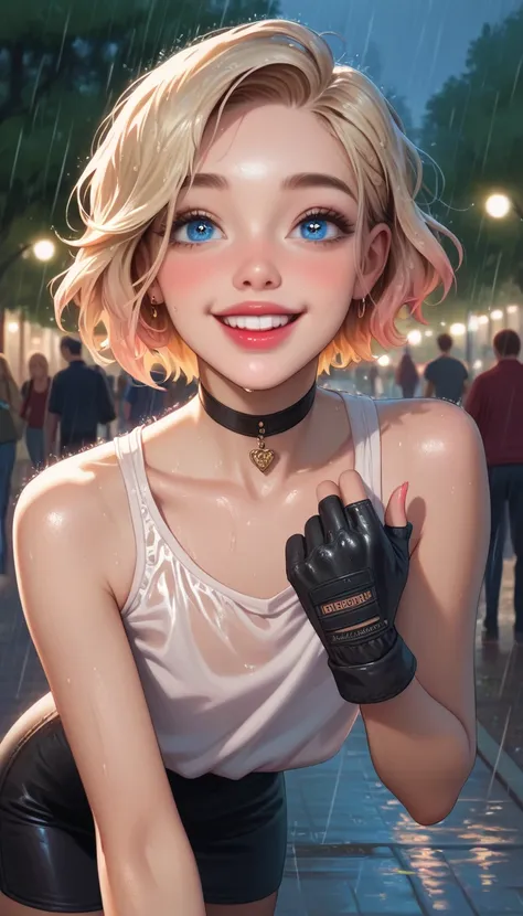 hyperrealistic, detailed face, toned blonde femboy, blond eyes, slim, male, feminine touch, blond open short hair, tanned, lipgloss, happy but exhausted, looking to the side, at night, public park, running in the rain, showing the piece sign, rain gloves, ...