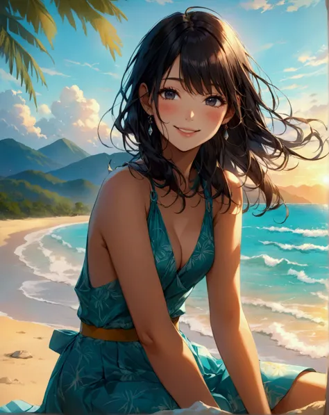 Illustrate a full-body picture of a cheerful young Japanese woman in her early twenties. She has a diamond face, pointed nose, high cheek structure, long silky black hair, black eyes, fair complexity and glossy pink lips. Her outfit features a marine patte...