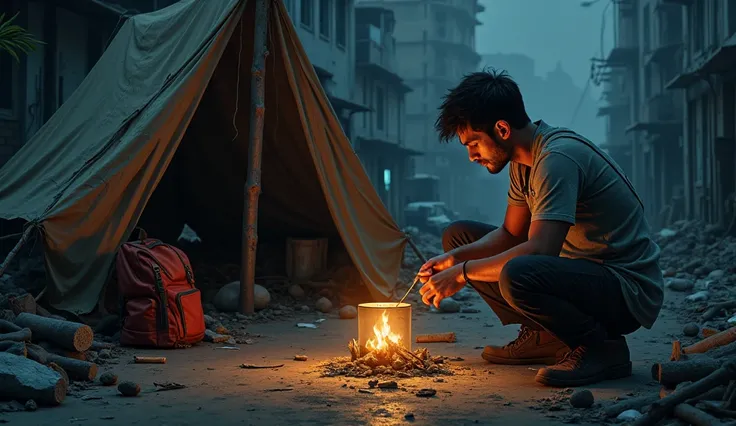 " A night scene in a dark alley of a devastated city after a catastrophe . Um homem está agachado next to de uma lata de tinta vazia, using a match to light a flame inside this same tin with scraps of paper and pieces of wood like firewood.  He wears simpl...