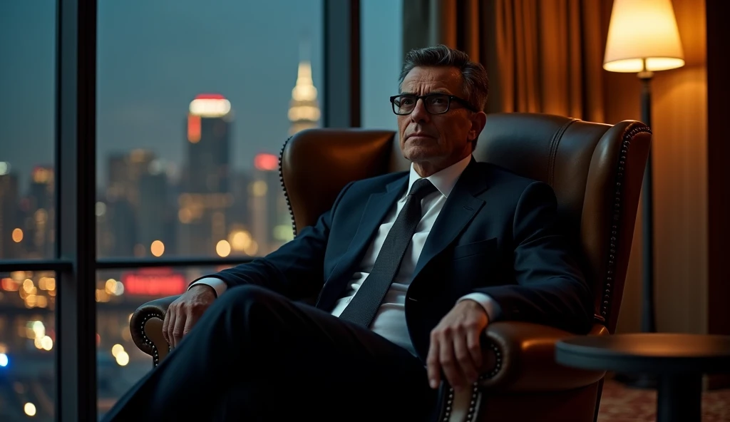 A 4K cinematic Netflix-style scene of the same 40-year-old millionaire sitting confidently in a luxurious chair in a lavish office, dressed in a dark tailored suit. The atmosphere is moody and dramatic, with dim lighting casting long shadows on his face. T...