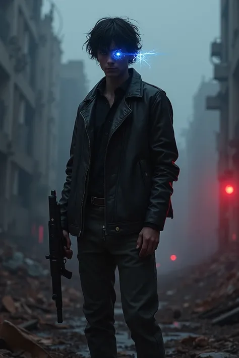 A man around 23 years old holding a gun standing in the middle of a desolate place with black and red tones, the man has black hair and 2 eyes, one is pure black while the other is flashing blue electricity