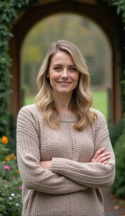 A 35-year-old woman standing near a garden archway, dressed in a cozy sweater.