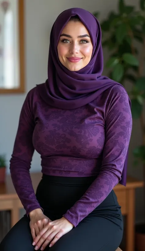 Photorealistic european hijabi woman, 165cm high, ((smooth skin, pale skin)), pink lipstick, green eyes, long eyelashes, full lips, smokey eyeshadow, wide hips, curved ass, ((wearing tight purple patterned top, tight sleeves, tight black skirt, big boobs))...