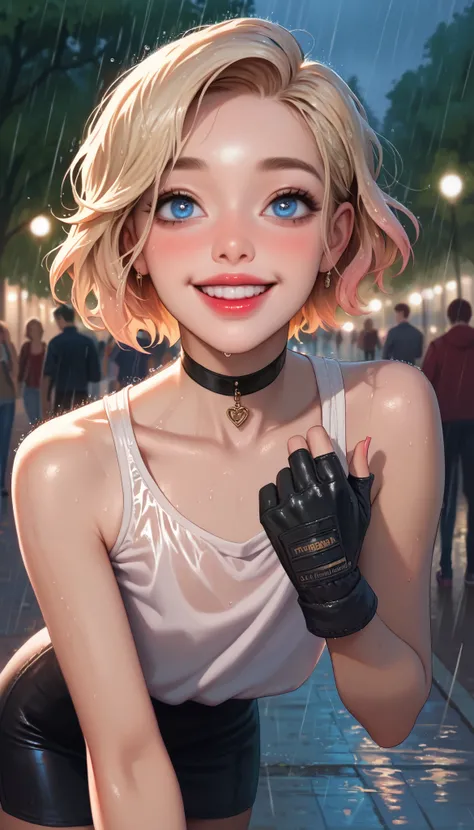 hyperrealistic, detailed face, toned blonde femboy, blond eyes, slim, male, feminine touch, blond open short hair, tanned, lipgloss, happy but exhausted, looking to the side, at night, public park, running in the rain, showing the piece sign, rain gloves, ...