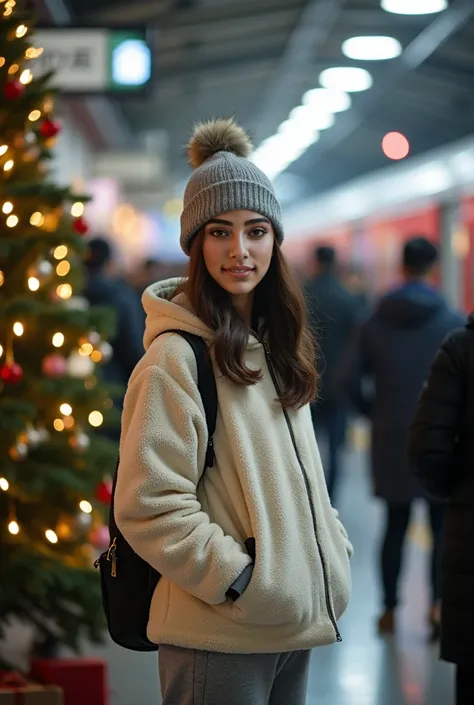 rule of third side-view photo; magazine cover photo; a professional photography of a beautiful young  woman standing in a crowd train station; detailed beautiful face; she is an Asian woman; she smile gently looking at a train run by, she wearing an fleece...