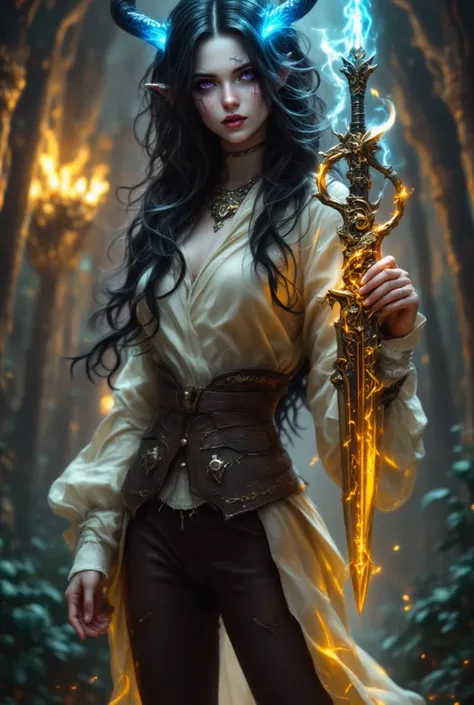 Female demon character, (detailed horns:1.2) (detailed face:1.1),  light beige,  cream-colored  blouse,  dark brown leather corset-style waist-band, dark brown pants,  holding a golden-yellow dagger, (detailed dagger:1.3),  purple eyes,  dark brown hair,  ...