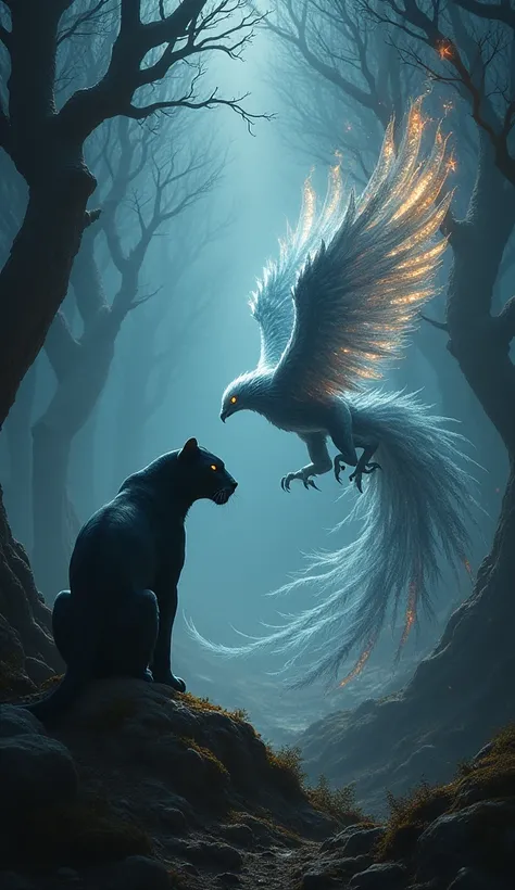 In a dark valley covered by twisted trees , , a black panther with elongated eyes faces a translucent phoenix made of vivid shadows that dance like black flames around it. (in the proportion of 9:16)