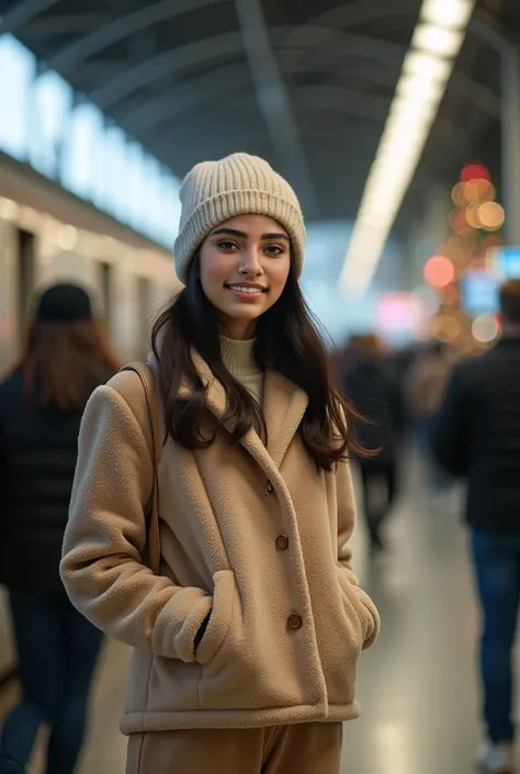 rule of third side-view photo; magazine cover photo; a professional photography of a beautiful young  woman standing in a crowd train station; detailed beautiful face; she is an Asian woman; she smile gently looking at a train run by, she wearing an fleece...