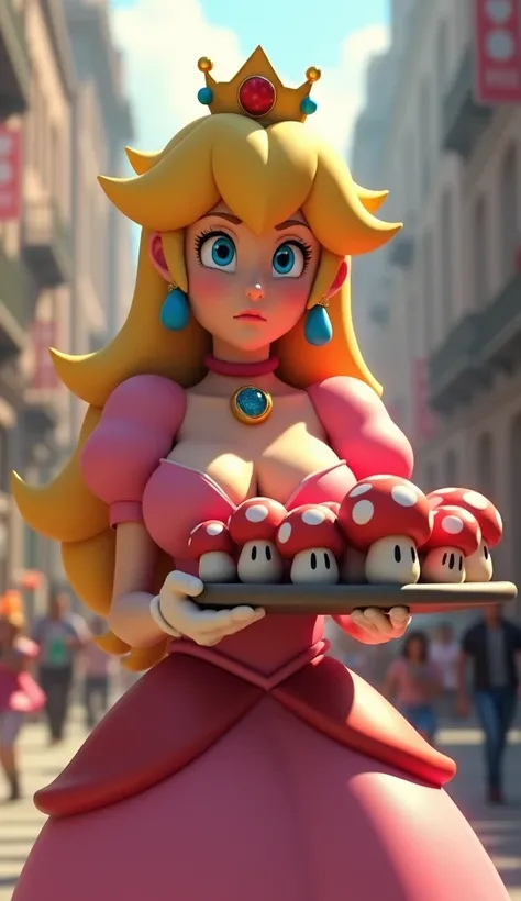 Create a CG sexy Princess Peach from Super Mario Bros games. She has a worried look on her face. She is wearing a low-cut dress that shows off her huge breasts and is holding a tray full of Super Mushrooms with both hands. She is in a city with people runn...