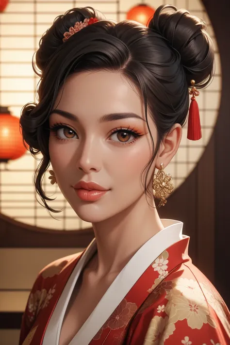 Beautiful, twenty-year-old woman with long black hair in a japanese bun, brown skin, brown eyes, full lips, in a brown cheap kimono, Solo, High Resolution, Masterpiece, Anatomically Correct, Accurate, Best Quality, Expert Lighting, Detail, Textured Skin,