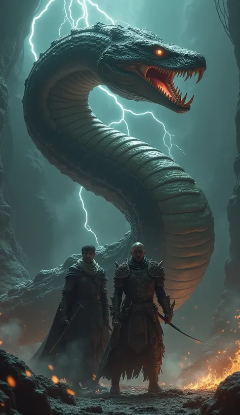 Prompt:
"A fierce and intense image of an anaconda and a warrior standing side by side, both radiating anger and power. The anaconda is enormous, its sleek, muscular body covered in intricate scales that shimmer with a deadly glow. Its head is raised high,...