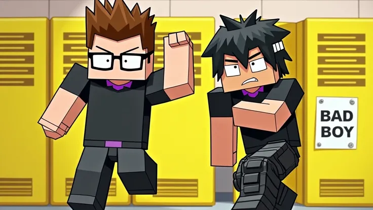 Create a Minecraft cartoon: Nerdy  gets beat up by the bad boy at school ,  make the nerdy  with glasses ,  black t-shirt and purple collar ,  make black pants ,  make him with square arms , Highly detailed square legs, And square head .  Play the bad boy ...