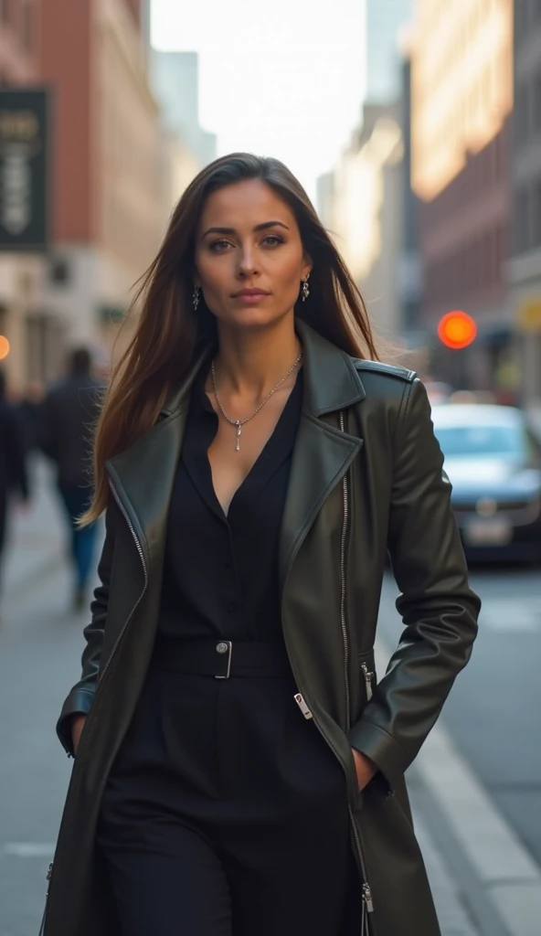 A 35-year-old woman walking through a city street, dressed in a stylish jacket.