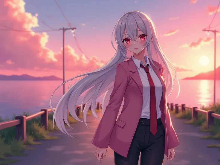 Anime girl sexy body white silver hair very red eyes black JIN pants black white sneakers  , a school shirt with a red tie and a pink school jacket she is walking down a road and next to the sea and a beautiful pink sunset and looks at me blushed from the ...