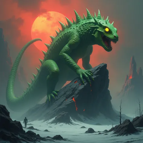 "A terrifying lizard perched on a jagged rock in a desolate snowy wasteland. Its rough, glowing green scales shimmer faintly under the flickering, blood-red sky. Sharp, spiny ridges run along its back, and its glowing yellow, slit-pupil eyes survey the bar...