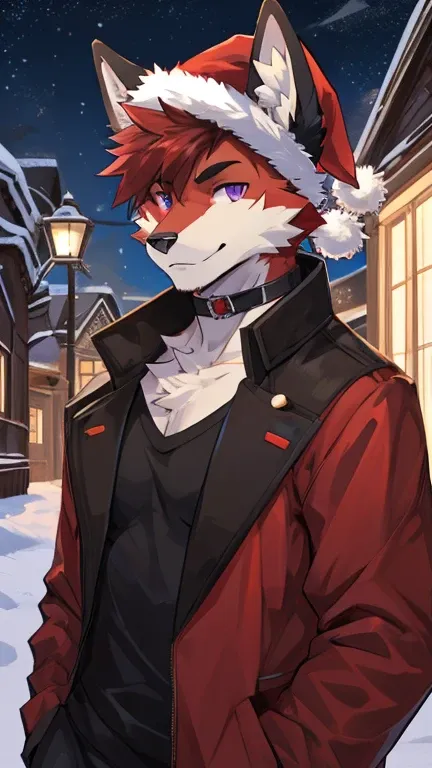 (Artist by zackary911, 8k, high quality, detailed eyes and fur, night, residents background), solo, male fox, anthro, red satured fur, red body, male body, purple eyes, black ears, red hair, short hair, hair cover eye, hands white, choker, eyeliner black, ...