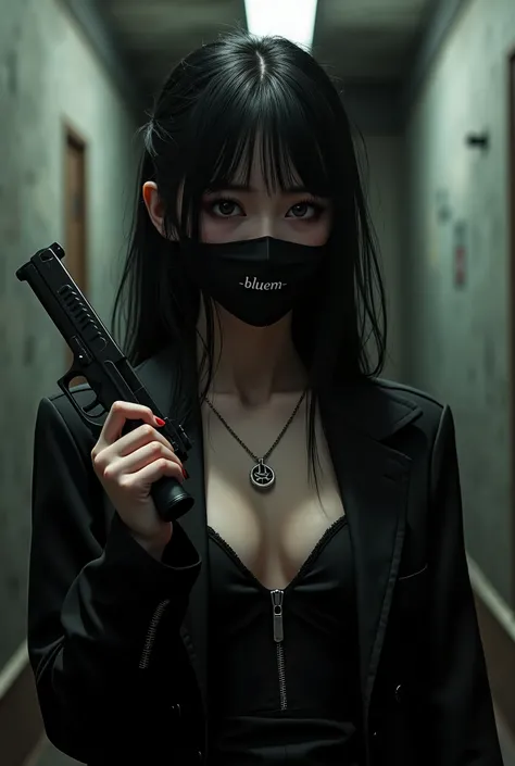 (Photorealism:1.2), black clothes, long hair with style, beautiful and charming  girl with a necklace "Bluem" clear and readable, mouth mask, holding a gun, the background is like a basement for mafia