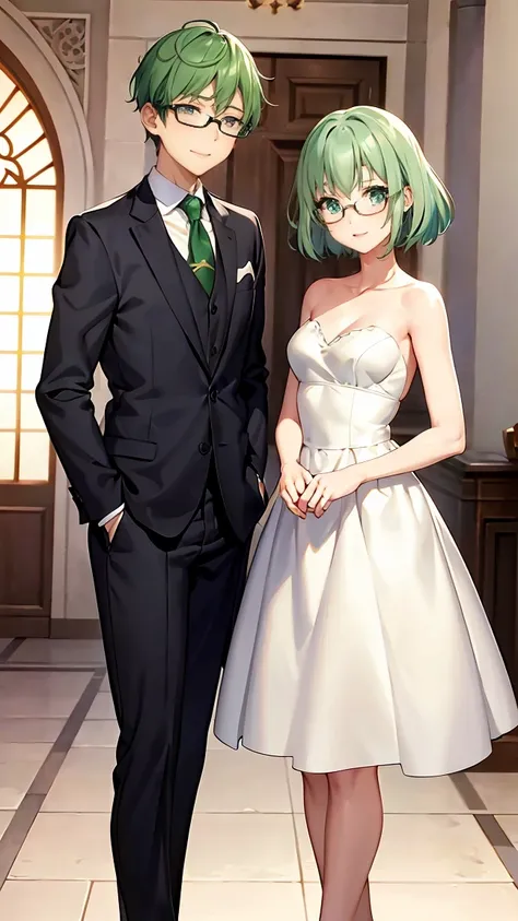  shoulder-length green hair,  small size breasts,  small tits、Green Eyes, 、(((Ladylike))), full body composition from head to toe、 formal attire 、suit、teacher、(( look at me and your face))、Date、walk、Greetings 、Stylish、Glasses、