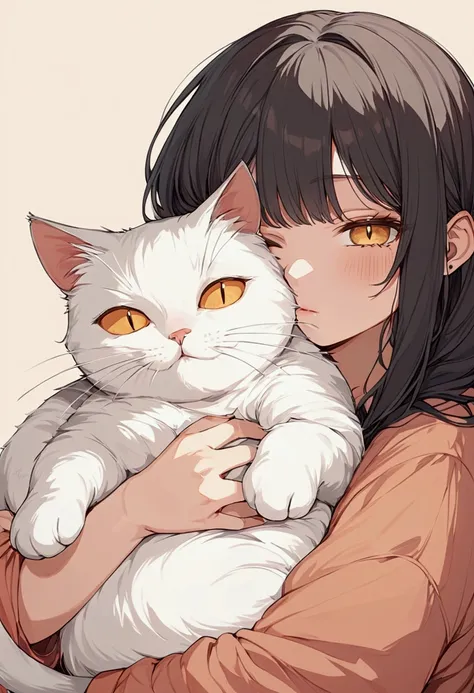 warm colored rough illustration art, cute woman hugging a plump cat, ultra detailed, absolutely resolution, masterpiece