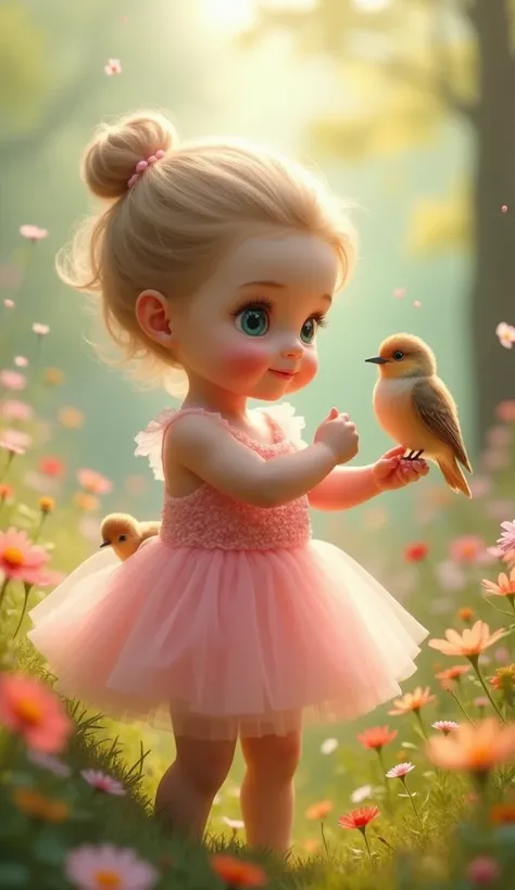 A baby Giselle in a magical meadow with flowers blooming in vibrant colors. She’s wearing a tiny fairytale-style pink dress and playing with birds perched on her tiny hands.