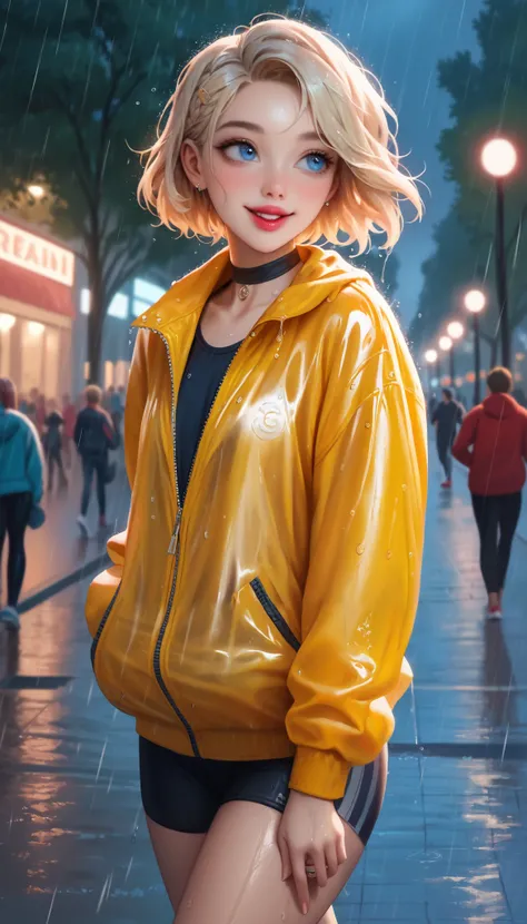 hyperrealistic, detailed face, toned blonde femboy, blond eyes, slim, male, feminine touch, blond open short hair, tanned, lipgloss, happy but exhausted, looking to the side, at night, public park, running in the rain, showing the piece sign, rain clothes,...