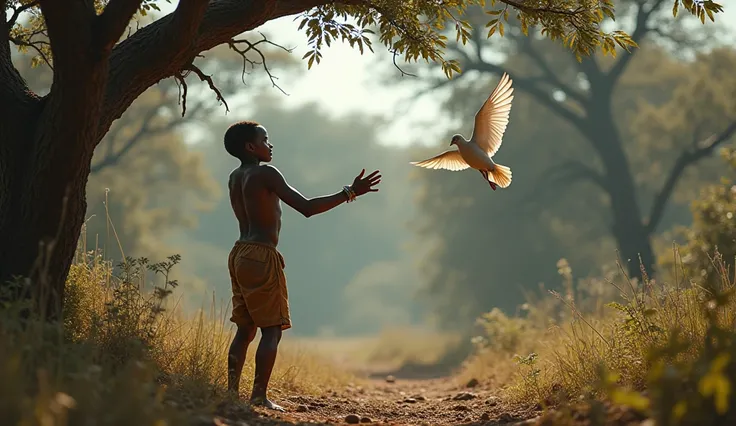 Un pauvre garçon africaine torse nu qui cogner un tourterelle dans un arbre dans la brousse 