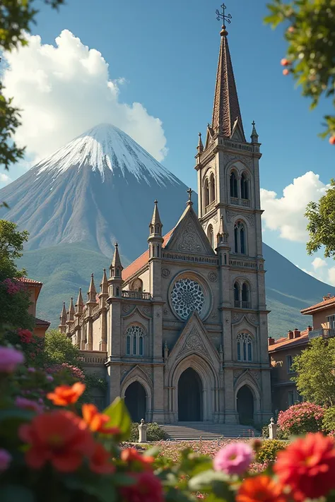 Cathedral of San Miguel El Salvador with the Chaparrastique Volcano of San Miguel El Salvador in the background and a carnival garrobo in front, but with the Cathedral standing out 