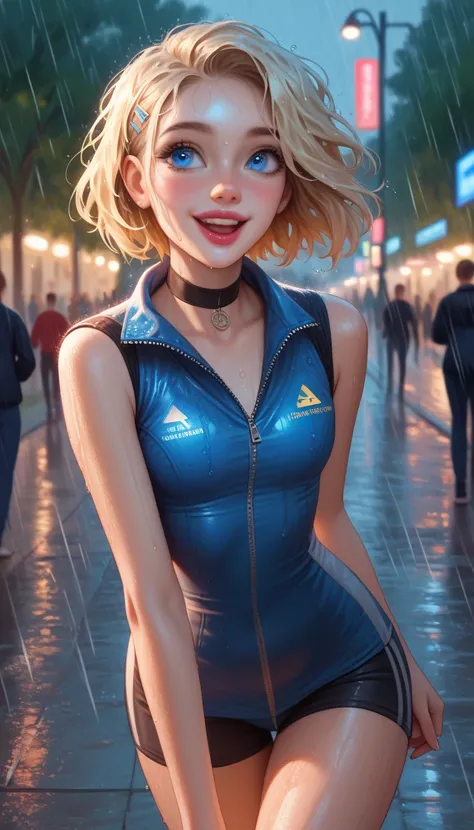 hyperrealistic, detailed face, toned blonde femboy, blond eyes, slim, male, feminine touch, blond open short hair, tanned, lipgloss, happy but exhausted, looking to the side, at night, public park, running in the rain, showing the piece sign, rain clothes,...