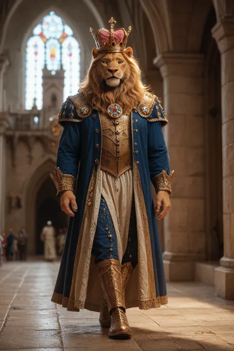 A Realistic regal lion anthropomorphic king wearing ornate medieval robes and a golden crown, walking confidently through the misty grounds of Westminster Abbey with towering Gothic spires in the background.