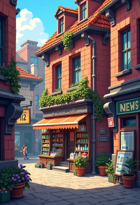 Pixel art city alley, building, store, Newstand