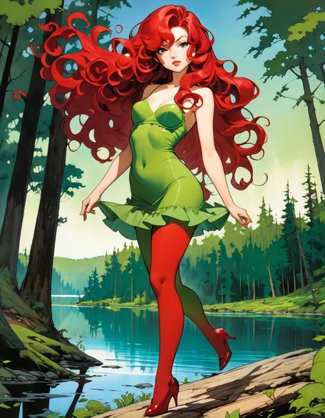 sexy girl with long curly red hair, small breasts,  green tight dress, stockings, forest landscape with lake, art inspired by Bill Sienkiewicz
