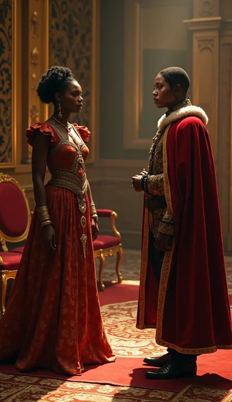 Duet with the King of Europe :  Nzinga is negotiating with a European ambassador.  He stands gracefully in the kings oversize clothes ,  while his interlocutor seems hesitant .