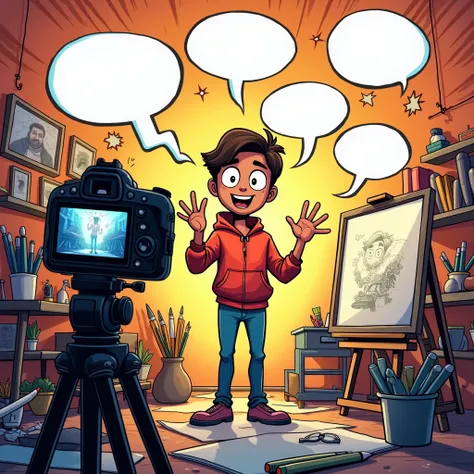 Comic book art-style Content creator filming a tutorial with exaggerated speech bubbles saying, “Step-by-step Guide”