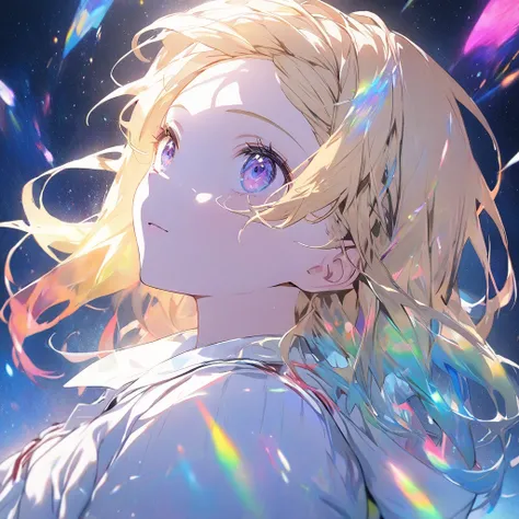 (masterpiece,  top quality),  looking up at the sky,  ((One blonde girl)),Alone, Starry sky background,  is wearing a high school uniform,  Floating Colorful Water