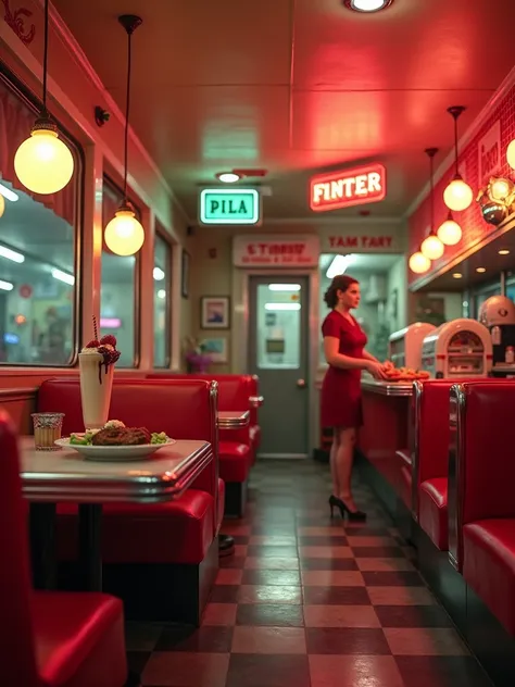 /imagine prompt: A lively retro 1950s American diner with chrome accents and red leather booths, featuring a waitress serving a plate of meatloaf, mashed potatoes, and peas. A milkshake and slice of cherry pie sit on the counter next to a vintage jukebox. ...