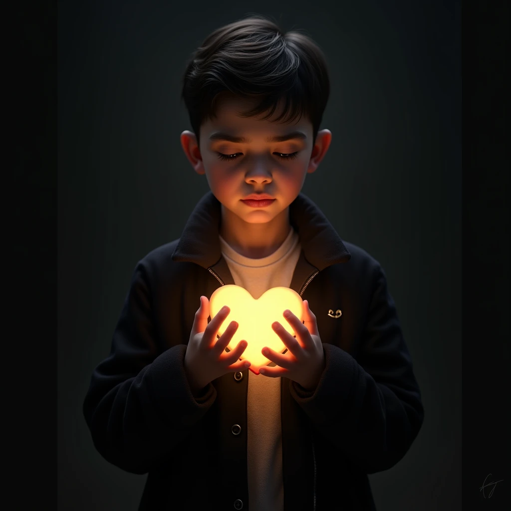 "A beautiful American boy standing and holding a glowing heart close to his chest with an emotional expression. He is dressed in a black coat and a white shirt underneath. The heart radiates a soft, warm light, slightly illuminating the boy. The background...