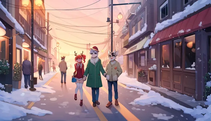 

Snowy street :  Night street with flashing Christmas lights ,  Road with orange street lights .
Character:
a (boy):  Tidy up her hair a bit and dark green coat , A scene where a muffler is wrapped around his neck .
b (schoolgirl):  red long coat and whit...