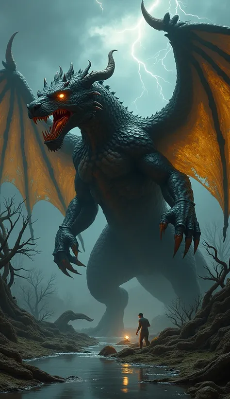 A grotesque and terrifying hybrid creature, born of pure malice, with the body of a colossal, monstrous black jaguar and the head of a savage, bloodthirsty dragon. This nightmarish being is covered in thick, dark scales that glisten like blackened metal, i...