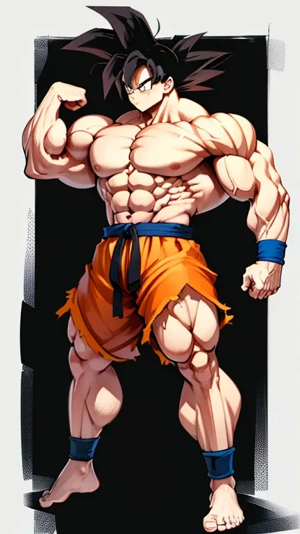 (A detailed drawing of goku, Bodybuilding-Fitnessstudio.), With a naked torso, Ripping clothes, shorts, slip, the strongest of all, huge muscular body, big Bizeps, big shoulders, Muscle legs,abs, Barefoot, Martial arts, high step, Full body image, Rear vie...