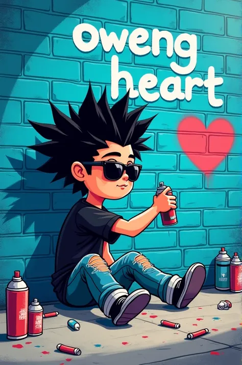 This is a digital illustration of a cartoon character, a boy with spiky black hair and sunglasses, spray-painting graffiti on a blue brick wall. The graffiti says "Oweng heart".  The boy is sitting on the ground, wearing a black shirt and ripped jeans, and...