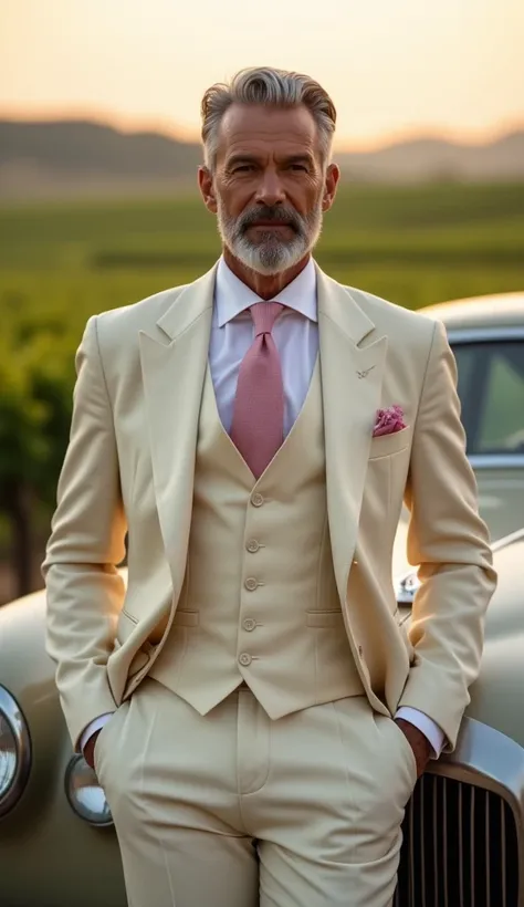 May: The Sophisticated Gentleman
"An ultra-realistic 8K image of a mature, elegant man symbolizing May. He has silver-streaked hair slicked back and a trimmed beard. Wearing a tailored cream-colored suit with a pastel pink tie, he leans against a classic v...