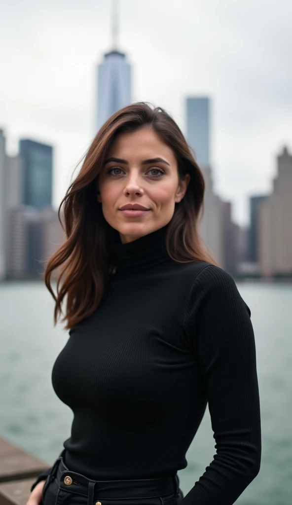 A 36-year-old woman posing by a city skyline, dressed in a turtleneck.