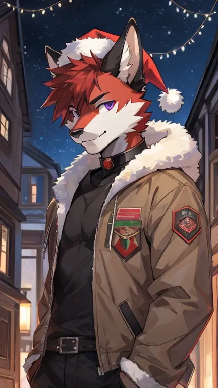 (Artist by zackary911, 8k, high quality, detailed eyes and fur, night, residents background), solo, male fox, anthro, red satured fur, red body, male body, purple eyes, black ears, red hair, short hair, hair cover eye, hands white, choker, eyeliner black, ...