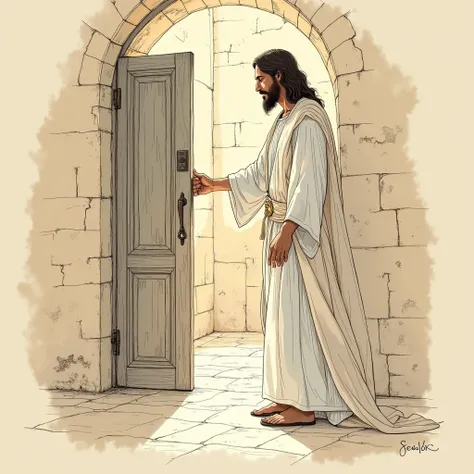 Create a minimalistic sketch of Jesus that evokes inspiration and uplifting mood, Jesus knocking on door, thin line sketch, old Jerusalem background