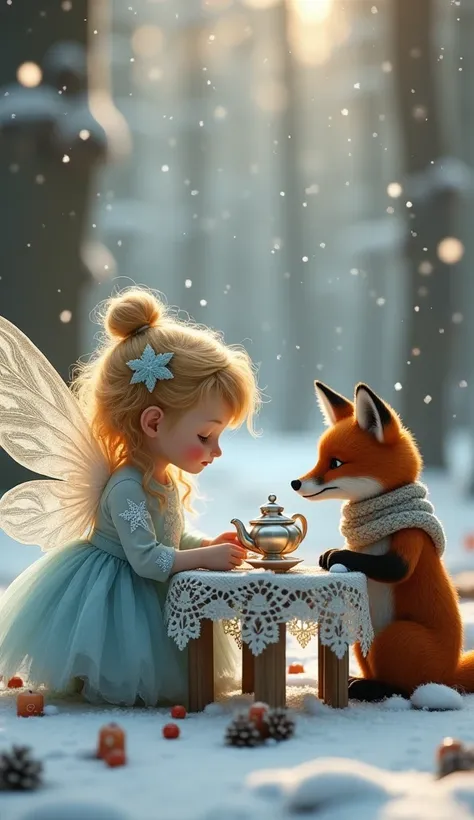 A realistic scene of a baby fairy with golden curls, wearing a delicate ice blue dress with snowflake embroidered sleeves, sits at a small wooden table covered with a lace cloth in a snowy forest. Across from her, pouring tea from a small silver teapot int...