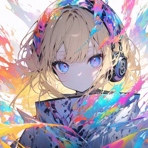 (masterpiece,  top quality),  staring at viewers,  ((One blonde girl)),Alone,  white background ,  顔のアップ, floating colorful water, wearing headphone