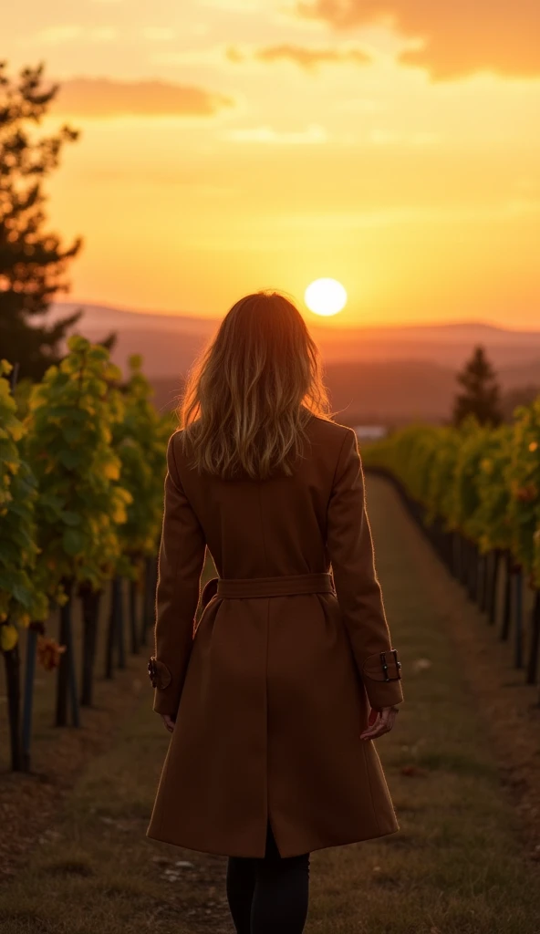 A 37-year-old woman walking through a vineyard at sunset, dressed in a long coat.