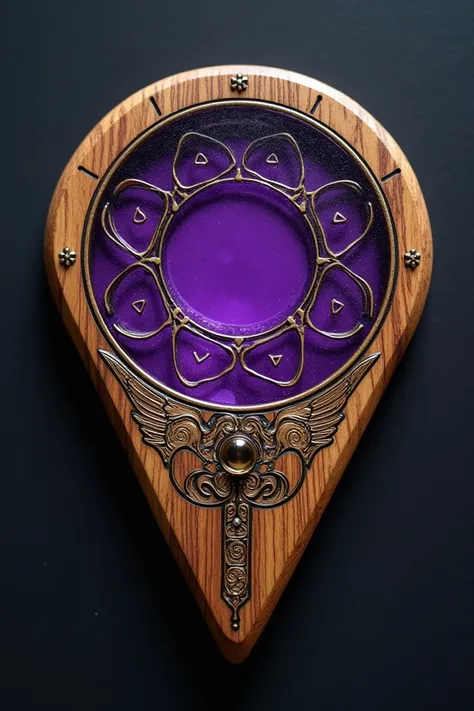 Planchette with one pointed side and the other round , de madeira,  with a purple glass circle and designs inspired by the goddess Hecate 