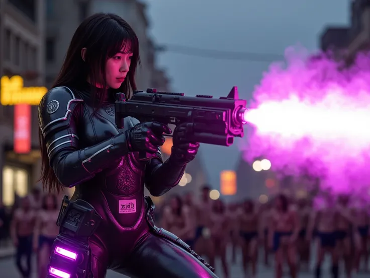 /imagine prompt: A photorealistic depiction of a young curvy Thai-Japanese woman with fair skin, black bangs, and long hair, wearing black metallic armor glowing purple at key joints and edges. She fires an intense plasma beam from a futuristic, barrel-rot...